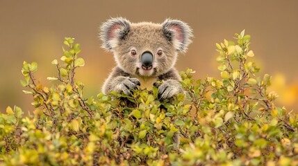 Fototapeta premium A cute fluffy koala bear peeking out from green leafy bushes