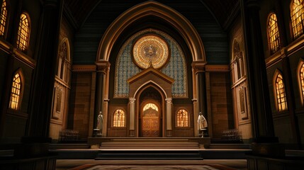 Fototapeta premium Grand Interior of a Sacred Space with Stained Glass and Ornate Architecture