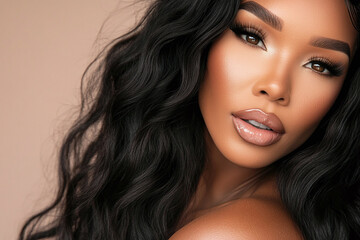 Naklejka premium Elegant Brunette Woman with Long Wavy Black Hair and Glamorous Makeup