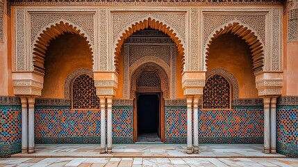 Exquisite Islamic geometric facade adorned with intricate arabesque patterns stunning mashrabiya latticework vibrant tile mosaics and grand archways reflecting timeless architectural beauty