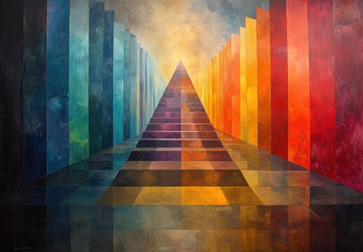 Maslow's Hierarchy of Needs Pyramid in Bauhaus Style with Bold Colors and Geometric Composition