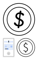 Dollar sign coin beside smart home control panel featuring a microphone and climate settings. Ideal for finance, technology, smart homes, apps, automation, economy, digital innovations. Clean flat