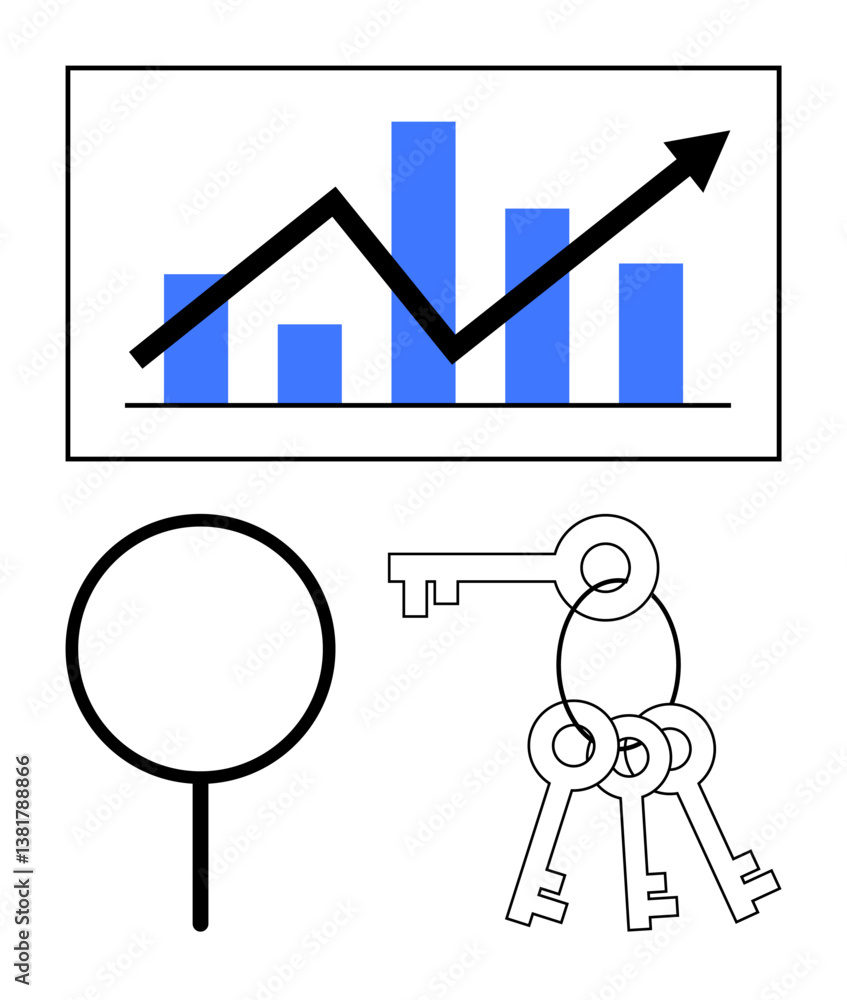 Aufkleber bar graph and upward arrow for growth, magnifying glass for analysis, keys for security. ideal for b