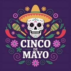 Festive Cinco de Mayo Design Sugar Skull Maracas and Floral Elements