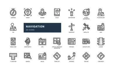 any navigation things like map location and route and street outline line icon set