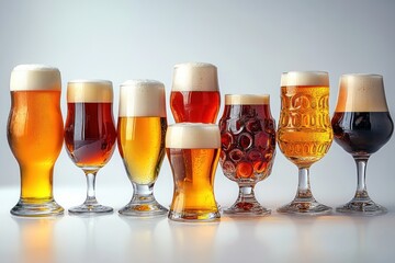 Belgian Amber Ales and Lagers in Colorful Beer Glasses with Foam