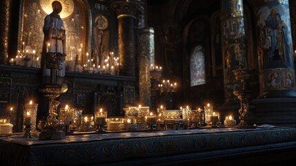 Fototapeta premium Illuminated Candles in a Sacred Space with Ornate Decorations and Religious Artwork