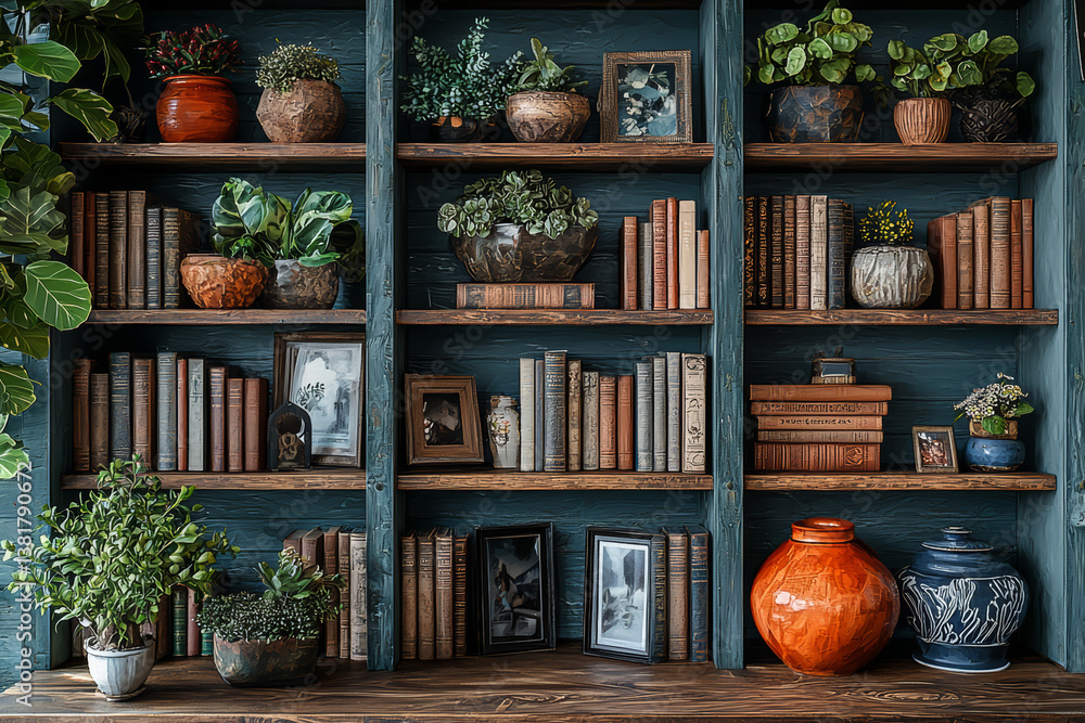 Poster bookshelf filled with neatly arranged novels, photo frames, and decorative objects adding personalit