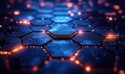 Futuristic Molecular Structure and Technology Abstract Digital Art with Blue Neon Lights and Glowing Hexagonal Grid