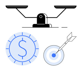 Mechanical scale with balanced pans, dollar coin, and bullseye with dart. Ideal for finance, equality, strategy, goals, precision success decision-making. Modern flat simple metaphor