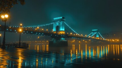 Illuminated Suspension Bridge at Night with Reflections on Water and Streetlights