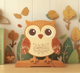 Cute Paper Art owl in a Forest Scene –  Abstract 3D Papercut Style Illustration concept with wooden background landscape
