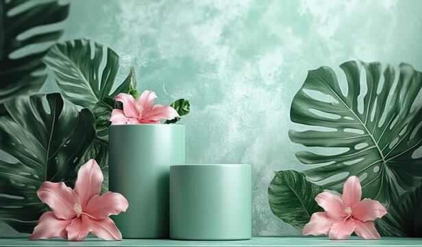 Minimalist Botanical Composition with Green Pedestals Monstera Leaves and Pink Flowers