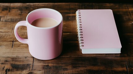 Pink mug and notebook sit on a weathered wooden surface