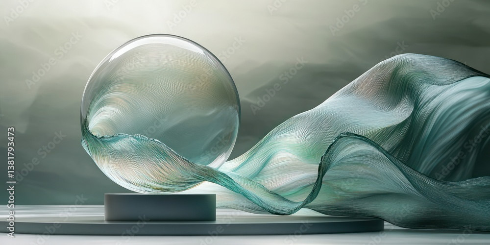 Poster minimalist abstract composition with transparent circular object and iridescent liquid ribbons