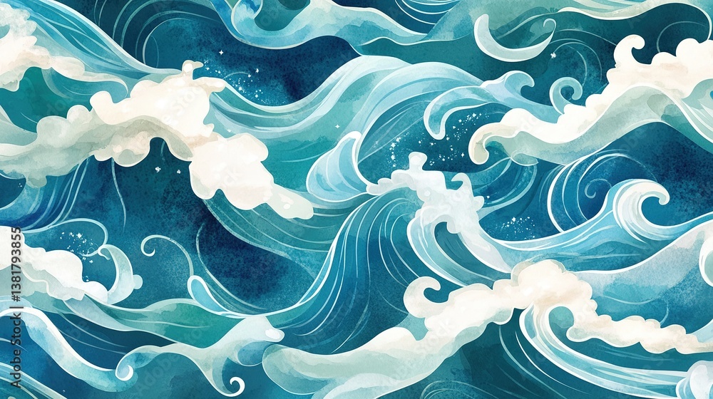 Poster dynamic aquatic patterns depicting turbulent ocean waves with stylized design