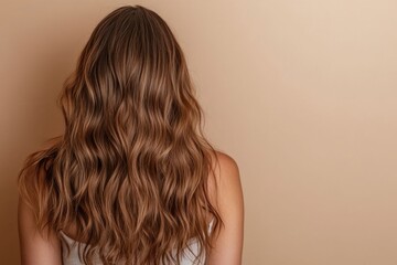 Fototapeta premium A beautiful woman with long, wavy hair viewed from the back against a beige background. The healthy, shiny hair is in sharp focus, offering ample copy space in high-resolution quality.