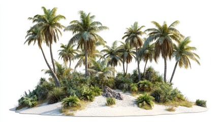 Fototapeta premium Tropical island with palm trees on a white background, hyper-realistic and intricately detailed, featuring dynamic lighting and sharp focus, in a vibrant style.