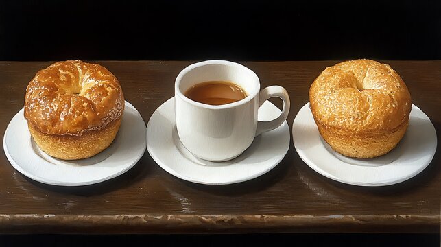 Delicious breakfast featuring bagels coffee and small plates arranged neatly
