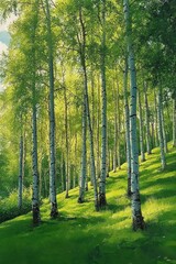 Peaceful Birch Grove with Young Leaves in Spring or Summer at Sunrise or Sunset