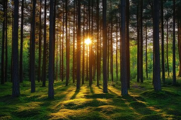 Fototapeta premium Sunlight filtering through pine trees illuminating vibrant green foliage in the serene spring forest