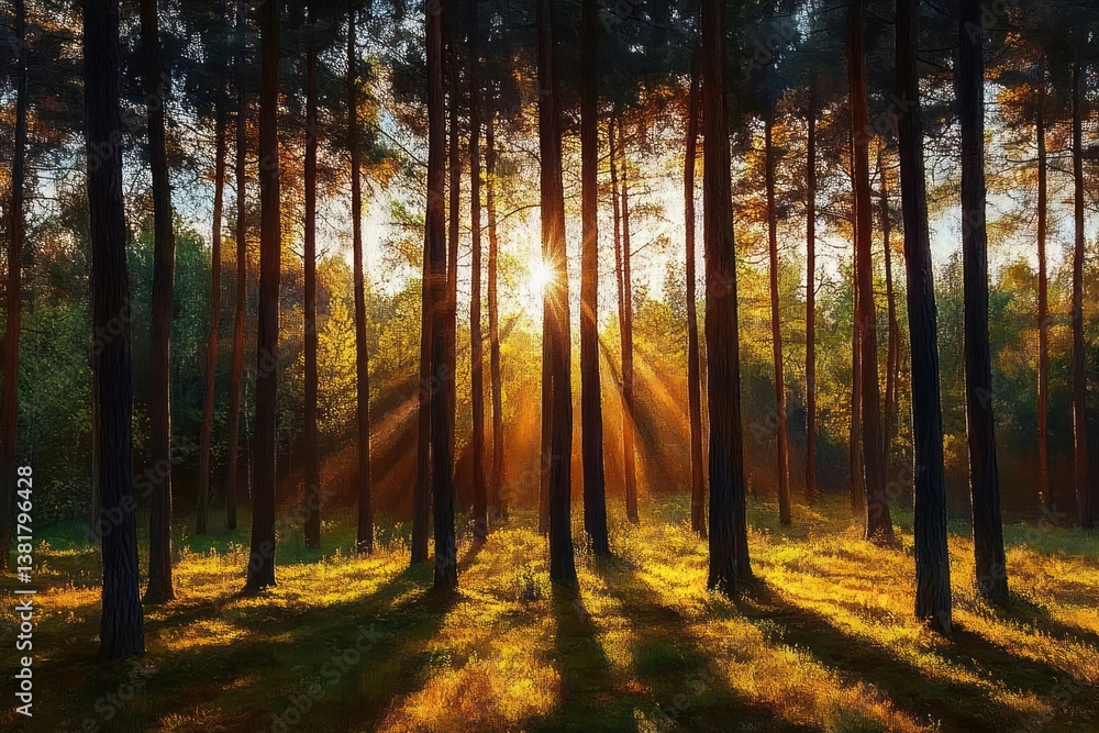 Poster sunlight filtering through tall pine trees in a serene spring forest landscape