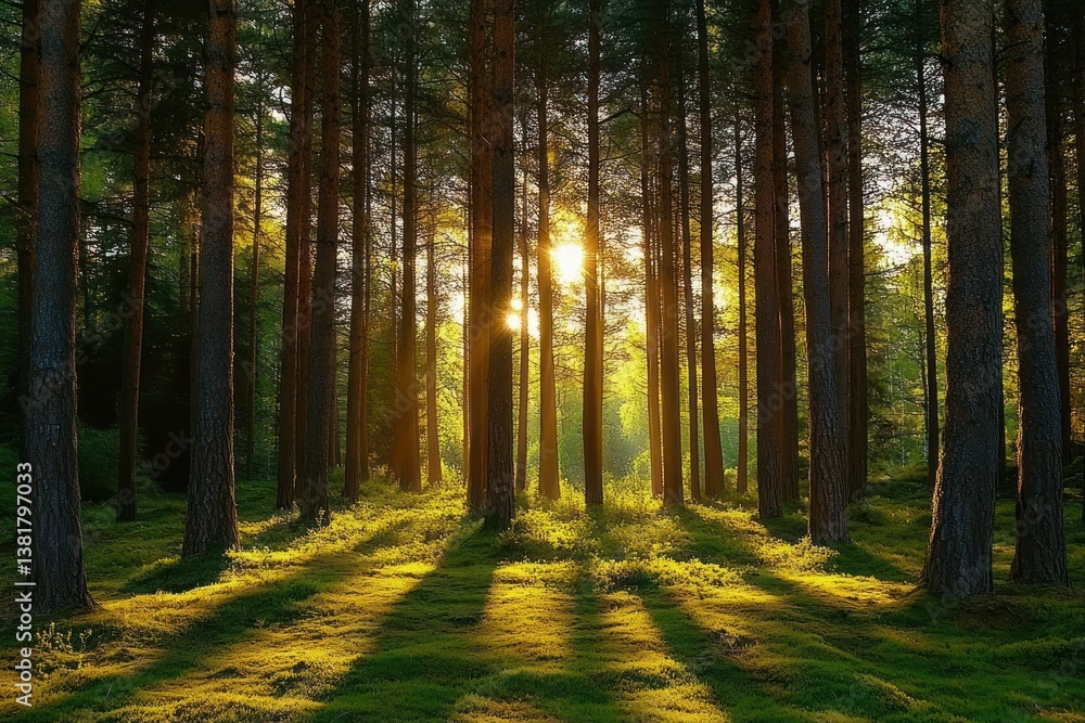 Poster sunlight filtering through pine trees illuminating green foliage in a serene spring forest scene