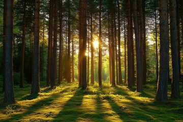 Fototapeta premium Sunlight Filtering Through Pine Trees Illuminating Green Foliage in a Serene Spring Forest Scene