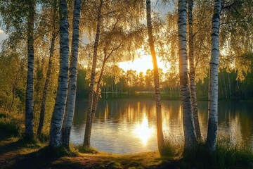 Sunrise over a serene lake with birch trees reflecting in calm waters surrounded by golden sunlight and vibrant spring foliage