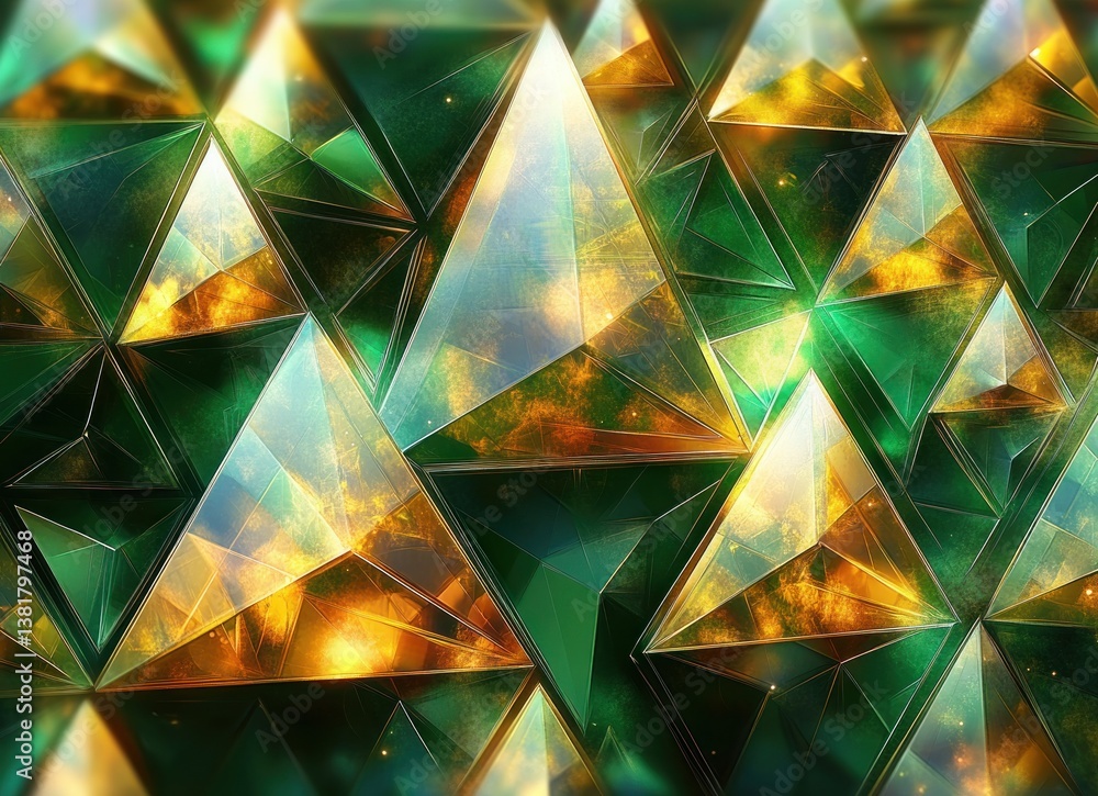 Aufkleber abstract geometric green and gold pattern with triangular prisms and reflective surfaces