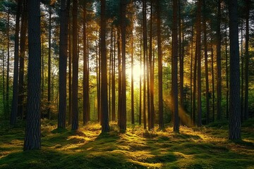 Obraz premium Sunlight filtering through tall pine trees illuminating green foliage in a serene spring forest scene