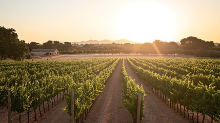Fototapeta premium Sunlit vineyard rows at dawn with distant building and mountains