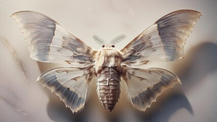 Obraz premium Surreal Dreamlike Moth with Delicate Transparent Wings in Soft Ethereal Light – Fantasy Insect Art with Ghostly Texture and Mystical Atmosphere in Ultra-Detailed Macro Design