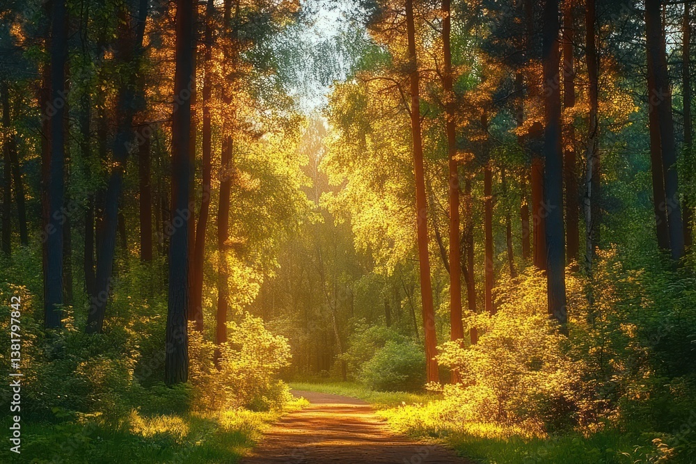 Poster sunlight filtering through pine trees bathed in golden morning light on a serene forest path in spri