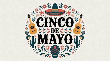 Vibrant Cinco de Mayo Design Festive Guitars Sombrero Sugar Skull Floral Motifs