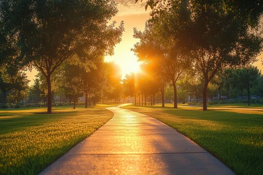 Serene park pathway at golden hour with trimmed grass trees and warm sunlight