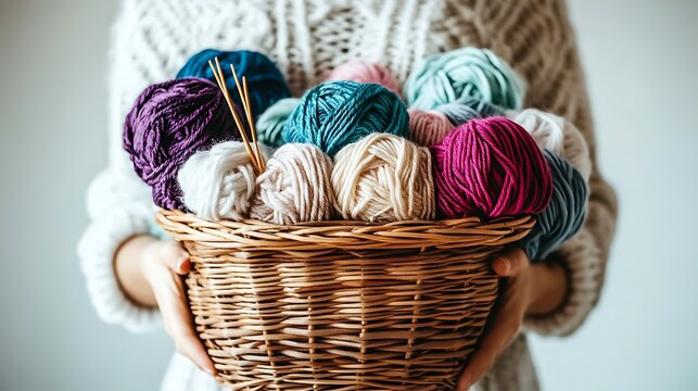 Person holding a woven basket filled with colorful balls of yarn