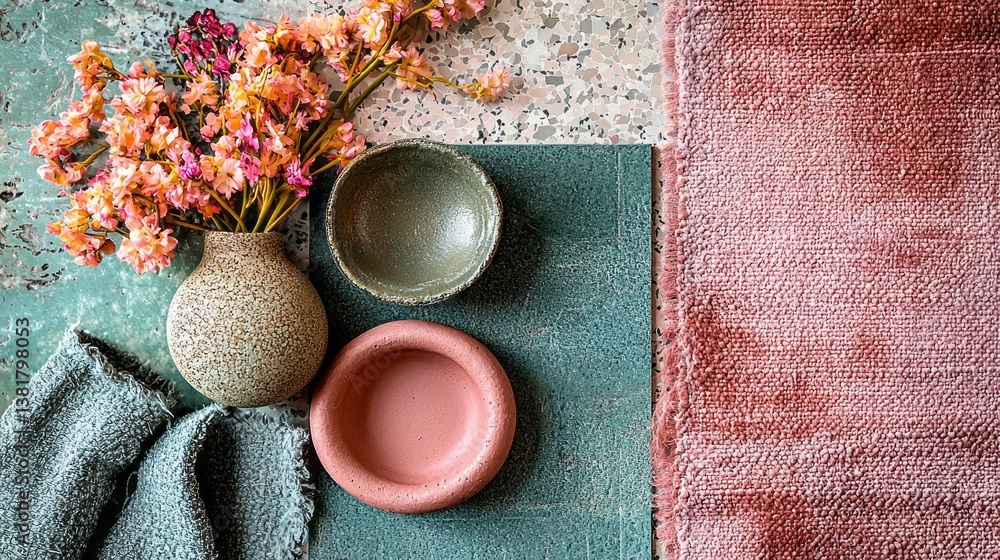 Poster textured fabrics and delicate ceramics come together in a warm arrangement, showcasing a blend of co
