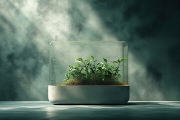 Minimalistic Still Life with Green Foliage Glass Enclosure on Pedestal Display