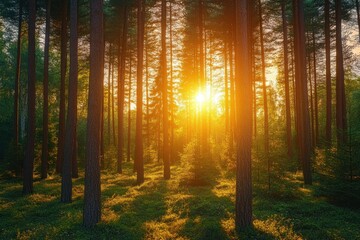 Obraz premium Sunlight streaming through pine trees illuminating young green foliage in a spring forest scene at golden hour