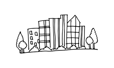 Cityscape cartoon doodle vector hand-drawn of buildings with varying heights.