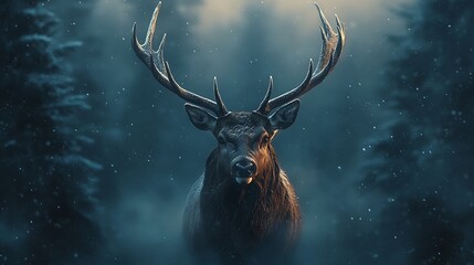 Fototapeta premium Elegant stag gazing in the foggy forest high resolution picture