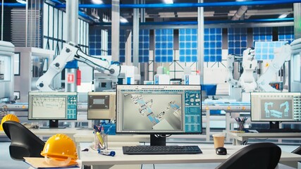 PC on desk in empty photovoltaics factory used for analyzing data and reviewing system metrics....