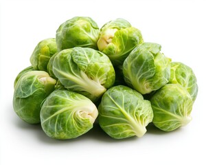 Fototapeta premium Fresh Green Brussels Sprouts Piled on White Background