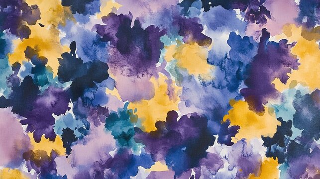 Whimsical Watercolor Bloom: A Textured Abstract with Indigo, Gold and Violet Hues
