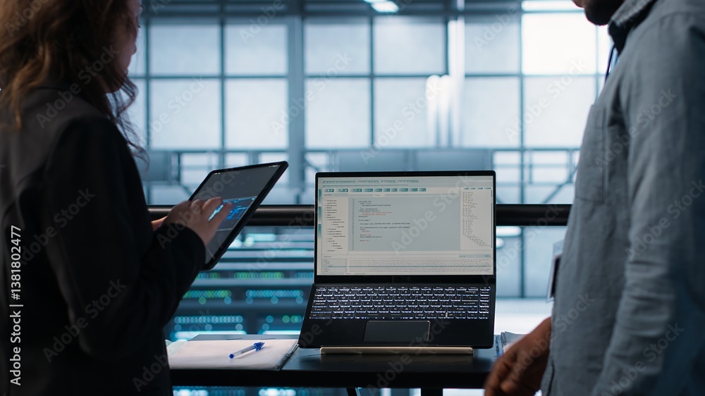 Poster programmers using ai technology on laptop and tablet in data center employing machine learning model