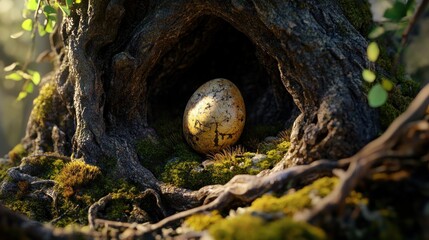 Egg Resting Inside Hollow Tree Trunk with Moss and Forest Light