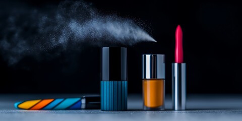 Vibrant makeup products arranged artistically with a colorful palette and powder spray effect