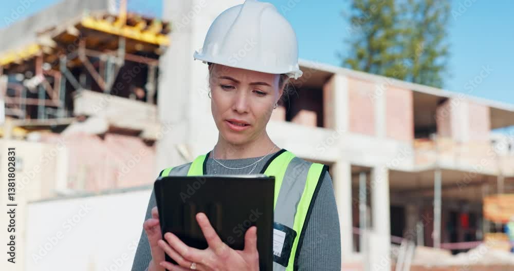 Poster Architect, woman and typing on tablet for construction planning, site progress and architecture design. Worker, digital blueprint and research of maintenance, quality control and project development