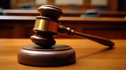 A wooden gavel rests on a wooden block on a table
